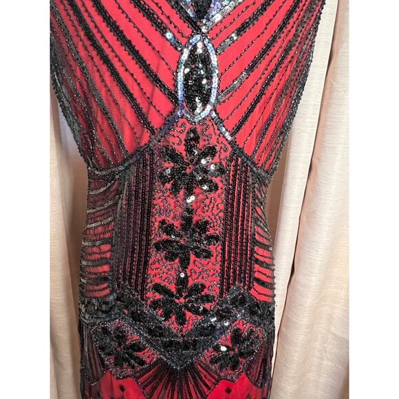 Vintage-Inspired Red & Black Beaded Flapper Dress Fringe Size XL 1920s Gatsby - Picture 15 of 16